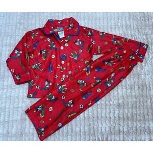 Vintage Boys Pajama Set 3t Disney Mickey Sports Button Up Red Donald 2 Piece